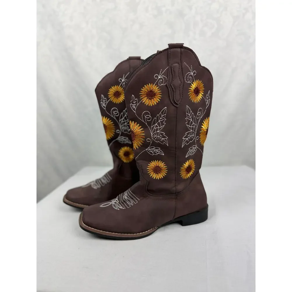 Women's Brown Sunflower Embroidered Western Cowboy Boots EU 43 / US 11